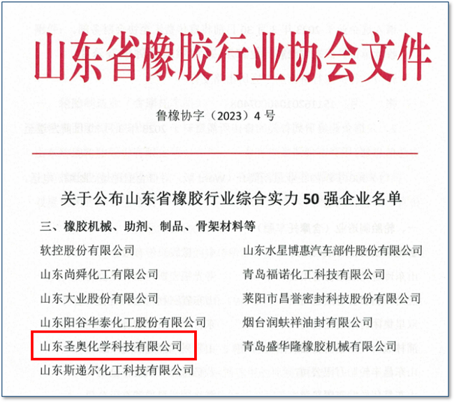 山東圣奧入選山東省橡膠行業(yè)綜合實力50強