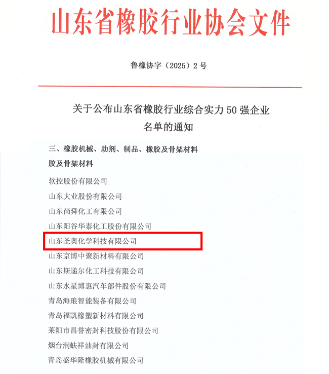 山東圣奧再次獲評(píng)“山東省橡膠行業(yè)綜合實(shí)力50強(qiáng)企業(yè)”